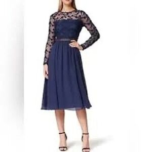 Truth & Fable Womens Navy Blue Floral Lace Chiffon Midi Dress Long Sleeve New LG